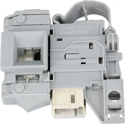 A close-up, studio shot of a washing machine door lock mechanism.