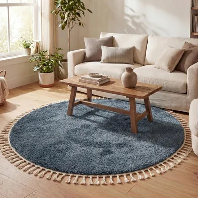 Produktbild von Volero - Teppich Hochflor Rund - Lofty Fringe Blau - Ø 200 cm - Esszimmer - Ländlich, Modern, Skandinavisch