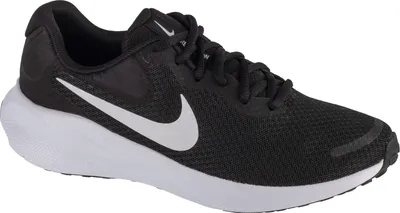 A black Nike running shoe with a white swoosh logo and a white sole, shown from the side against a white background.