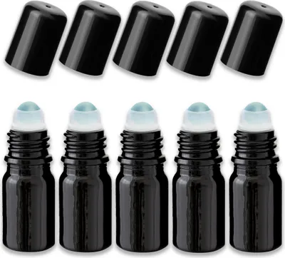 Produktbild von 5x Glasflasche schwarz 5 ml Roll-on mit schwarzer Kappe Fläschchen Set