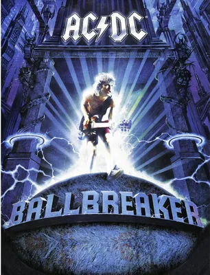 The AC/DC logo is displayed prominently at the top of the image, with a guitarist in the center surrounded by bright lights and lightning effects. The album title 'Ballbreaker' is visible at the bottom.