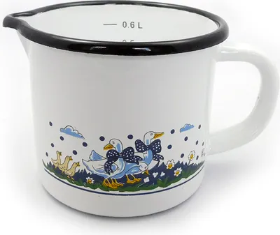 Produktbild von Milchtopf GÄNSEGLÜCK 0,6 Liter mit Ausguss und Skala, Emaille weiß mit Gänsemotiv