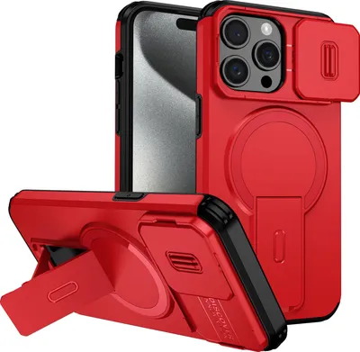Immagine prodotto di Custodia magnetica per iPhone 15 Pro Max, custodia resistente a doppio strato con protezione scorrevole della fotocamera e supporto regolabile Rosso