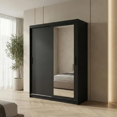 Image de BEAUTYSOFA | Armoire HELA 120 cm noire – Armoire moderne avec miroir, portes coulissantes et 2 tiroirs, design minimaliste
