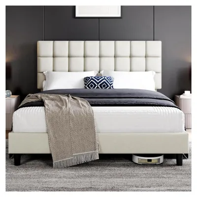 Produktbild von Polsterbett 160 x 200 cm Doppelbett mit höhenverstellbarem Kopfteil, stabiler Bettrahmen, Stoffbett mit Lattenrost, beige