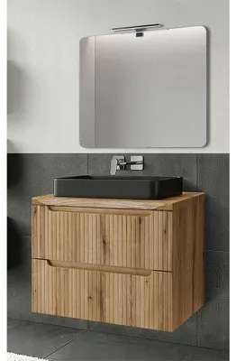 Produktbild von Badmöbel-Set 2-teilig mit LED-Spiegel & 80 cm Waschtisch in Eiche, gerillte Front, Baumkantenoptik - NEWPORT-56-EVOKE