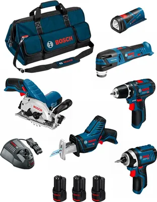 Produktbild von BOSCH Kit BMKB6-28AD3 (GSR 12V-15 + GDR 12V-105 + GKS 12V-26 + GOP 12V-28 + GSA 12V-14 + GLI 12V-80 + 3x2,0Ah +GAL1230CV +HDBAG)