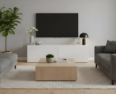 Produktbild von TV-Schrank - Fernsehtisch mit 2 Türen - Weiß - Hochglanz - 100 x 35 x 35 cm B/H/T – TV Kommode - Wandschrank - TV Regal für Fernseher