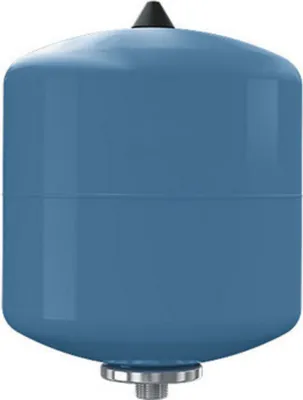 A blue pressure expansion vessel with a black cap on top and a silver threaded connection at the bottom, isolated on a white background.
