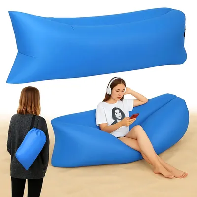 Zdjęcie produktu dla Lazy bag sofa nadmuchiwana rozkładana na plażę dmuchany leżak fotel materac jasny niebieski 180 kg z pokrowcem