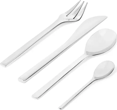 A set of cutlery arranged diagonally on a white background.