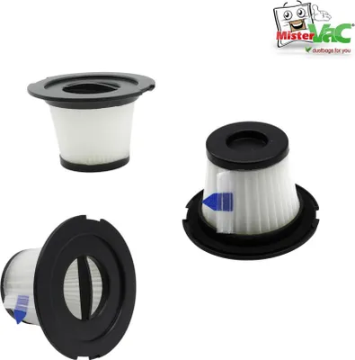 A collage of three vacuum cleaner filters, two of which are shown with a black plastic frame and a white pleated filter element. The third filter is shown from the side, also with a black frame and white filter. A logo for 'Mister Vac' is in the top right 