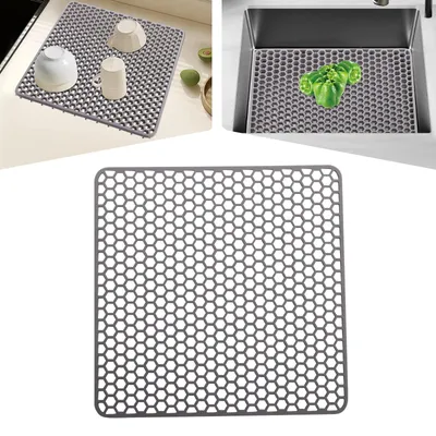 Produktbild von Spülbeckenmatte aus lebensmittelechtem Silikon - Quadratisch 34,5 x 34,5 cm - Rutschfest - Hitzebeständig -40–220 °C - Waben-Drainage - Spülmaschinenfest - Dunkelgrau