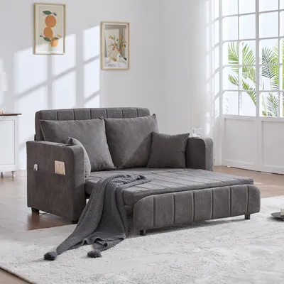 Image de OKWISH Canapé Droit Convertible - 2 Places Avec Porte-Gobelets Et Port USB Tissu Chenille Sans Matelas Gris