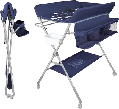 Obrázok produktu pre Prebáľovací stolík – Prenosná komoda – Ošetrovací stolík pre bábätká – Nastaviteľná výška – 80 x 58 x 90 cm – Tmavomodrá
