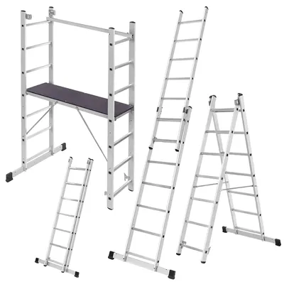 Produktbild von Gerüstleiter, Hochwertiges Aluminium, Maximale Höhe 320 cm, Für professionelle Nutzung geeignet, Geräumige Arbeitsplattform, Rutschfeste Füße und geriffelte Sprossen