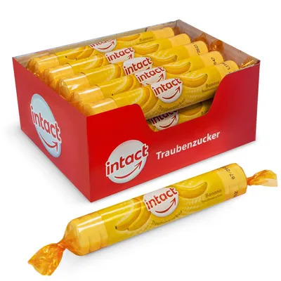 Produktbild von intact Traubenzucker (Banane) Rolle 15 St. - Multipack (15 x 40g) Traubenzucker Bonbons - 100% Vegan
