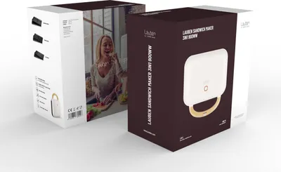 Two product boxes for a sandwich maker are shown, one in the foreground and one in the background.