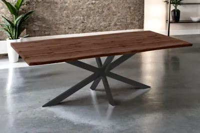 Produktbild von Esstisch Josy | 220 x 100 cm | Holz Nussbaum-Optik | Spider-Gestell Metall schwarz | 40 mm Tischplatte mit Baumkante | Tisch für Esszimmer & Küche