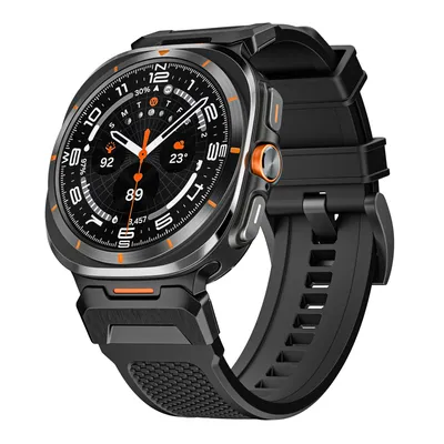 Produktbild von FFO2World Silikonarmband für Samsung Galaxy Watch Ultra 47 mm – Robustes Smartwatch-Armband mit silbernem Adapter – Ultra 2025 – Schwarz/Schwarz