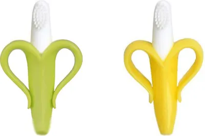 Produktbild von 2x Baby Zahnbürste und Beißring in einem - Übungsbürste Trainingsbürste grün gelb