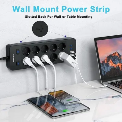 Zdjęcie produktu dla Listwa zasilająca z 4 portami USB, listwa zasilająca 10-gniazdowa ze włącznikiem/wyłącznikiem, listwa zasilająca z zabezpieczeniem przeciwprzepięciowym, moc 3680 W/16 A, długość kabla 2 m