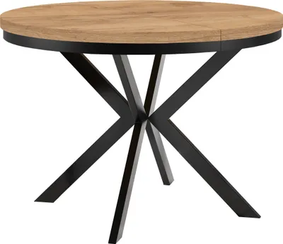 Image de Table ronde à rallonges pour la salle à manger ENDIK avec piétement en anneau et pieds en métal, diamètre : 100 / 150 cm, couleur : chêne craft or / noir