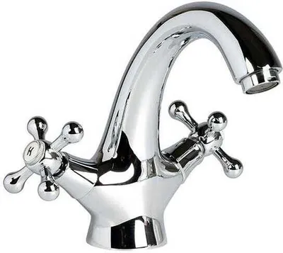 A chrome-plated faucet on a white background.