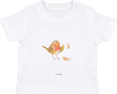 Produktbild von Mr. & Mrs. Panda Babyshirt Rotkehlchen Federn 12. - 18. Monat - Weiß - Geschenk, Spruch Mut, Lustige Sprüche, Organic Baby Shirt,  T-Shirt, Kleinkind, Vogel, fliegen