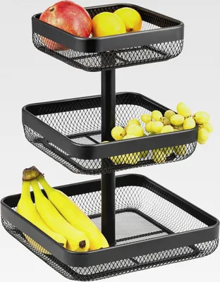 Produktbild von 3-stöckige eckige Obstetagere/Brotkorb, Etagere, Obstschale, Obstkorb, viel Platz für die übersichtliche Lagerung von Obst, Gemüse, Brot und Snacks in Küche und Wohnzimmer aus Metall (Schwarz)