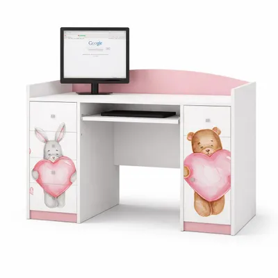 Image de Bureau pour enfants Happy Babies 125x89x60 Bureau pour PC pour chambre d'enfant avec repose-clavier Bureau d'ordinateur décoratif blanc Rose / Cœurs, animaux