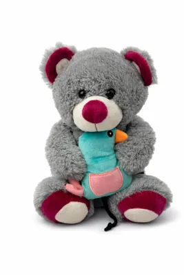 Produktbild von Plüschtier Teddybär 28 cm Grau mit Vogel – Niedliches Kuscheltier aus weichem Plüsch