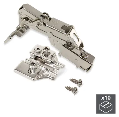 Produktbild von Emuca Kit von 10 Topfscharniere X91 Innenanschlag 165 Grad Öffnungswinkel mit Schließautomatik und Kreuzmontageplatten Euroschraube, Höhe 0, Stahl, vernickelt
