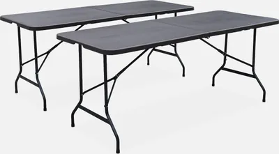 Two dark gray folding party tables are shown side-by-side against a white background.
