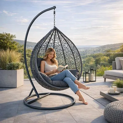 Produktbild von Polyrattan Hängesessel Hängekorb mit Gestell Rattan Hängestuhl Sessel Anthrazit