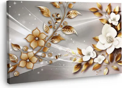 Produktbild von Blumen Gold Style Abstrakt Wandbild Leinwandbild Deko Kunst XL: 120x80x4cm