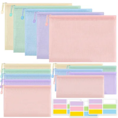 Obrázek produktu pro Dokumentové obaly se zipem, formáty A4, A5, A6, 15 kusů, pastelové barvy, PVC, průhledné