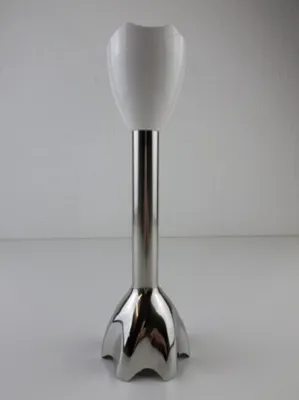 A white and silver immersion blender foot is shown against a white background.