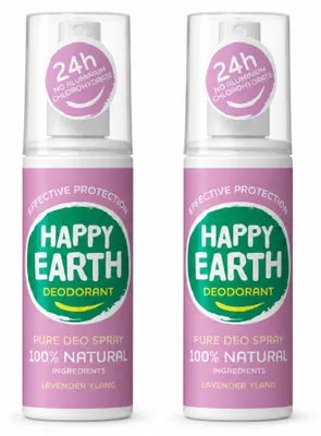 Immagine prodotto di 2 flaconi di deodorante spray Happy Earth, fragranza Lavanda e Ylang-Ylang, 100 ml ciascuno, confezione