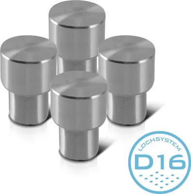 Four metal cylindrical objects with a stepped design, arranged in a group on a white background. A blue circular logo with text is in the bottom right corner.