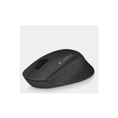 A studio shot of a black Logitech wireless mouse against a light gray background.