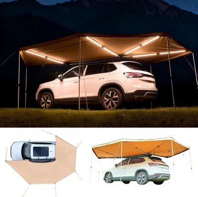 Immagine prodotto di Tenda da sole per auto - Tenda da sole a 270° - LED integrato - Protezione UV 50+ - Autoportante - Per tutte le stagioni - 5,7 x 3,87 x 2,1 m - Per SUV e camion, campeggio