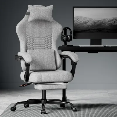 Produktbild von Gaming Stuhl Stoff Bürostuhl, Massage Gaming Stuhl mit Kopfstütze, ergonomischer Rennsport, Gaming Sitz mit Fußstütze (hellgrau)