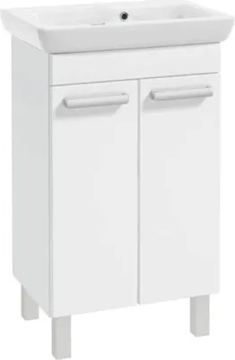 A white bathroom vanity with a sink on top, shown from the front.