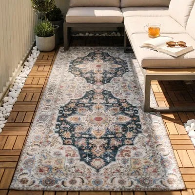 Produktbild von Volero - Waschbarer Läufer - Domingo Mandala Dunkelgrün - 80x200 cm - Wohnzimmer, Balkon, Garten / Terrasse, Flur - Boho, Orientalisch