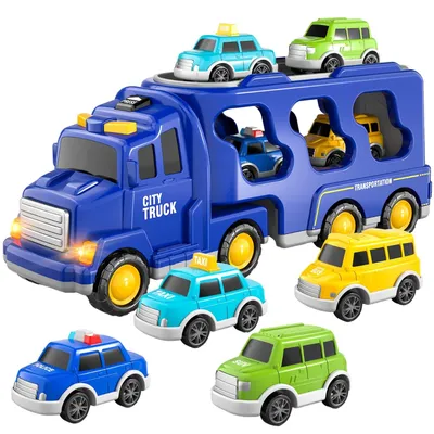 Image de Camion de transport pour enfants de 3 à 6 ans, camion de pompiers 7 en 1, jouet, voiture pour enfants, cadeau d'anniversaire, véhicules, jouet à friction pour garçons et filles de 1, 2, 3, 4, 5 et 6 ans, bleu