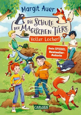 Children and animals are digging holes in a grassy area, with trees in the background.