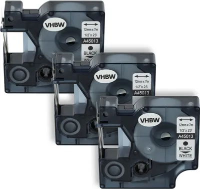 Produktbild von vhbw 3x Schriftband-Kassette kompatibel mit Dymo LabelManager 100, 210D, 120P, 200, 260P, 100 Plus, 160 Etiketten-Drucker 7m x 12mm Schwarz auf Weiß
