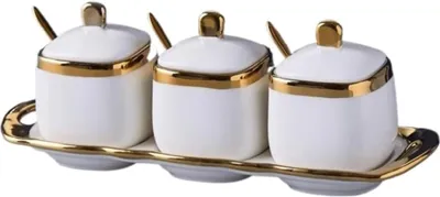Produktbild von Keramik Gewürzdosen Set Marmoroptik mit Deckel | 3 Stück | Gewürzhalter mit Serviertablett | Salz Zucker Pfeffer