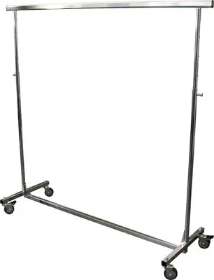 A chrome-plated garment rack with wheels on a white background.